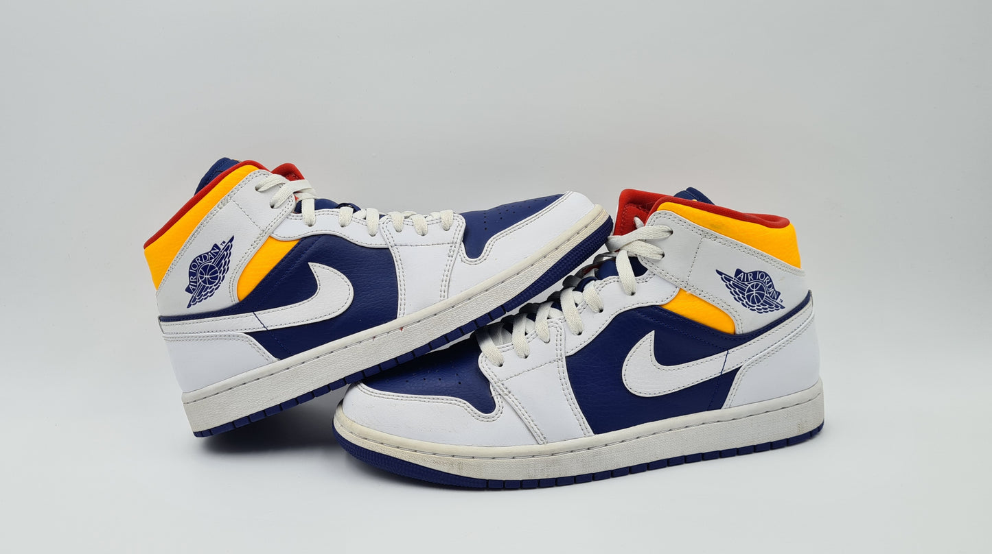 *VGC* 2020 Nike Air Jordan 1 Mid Royal Blue Laser Orange UK 9.5 / EUR 44.5